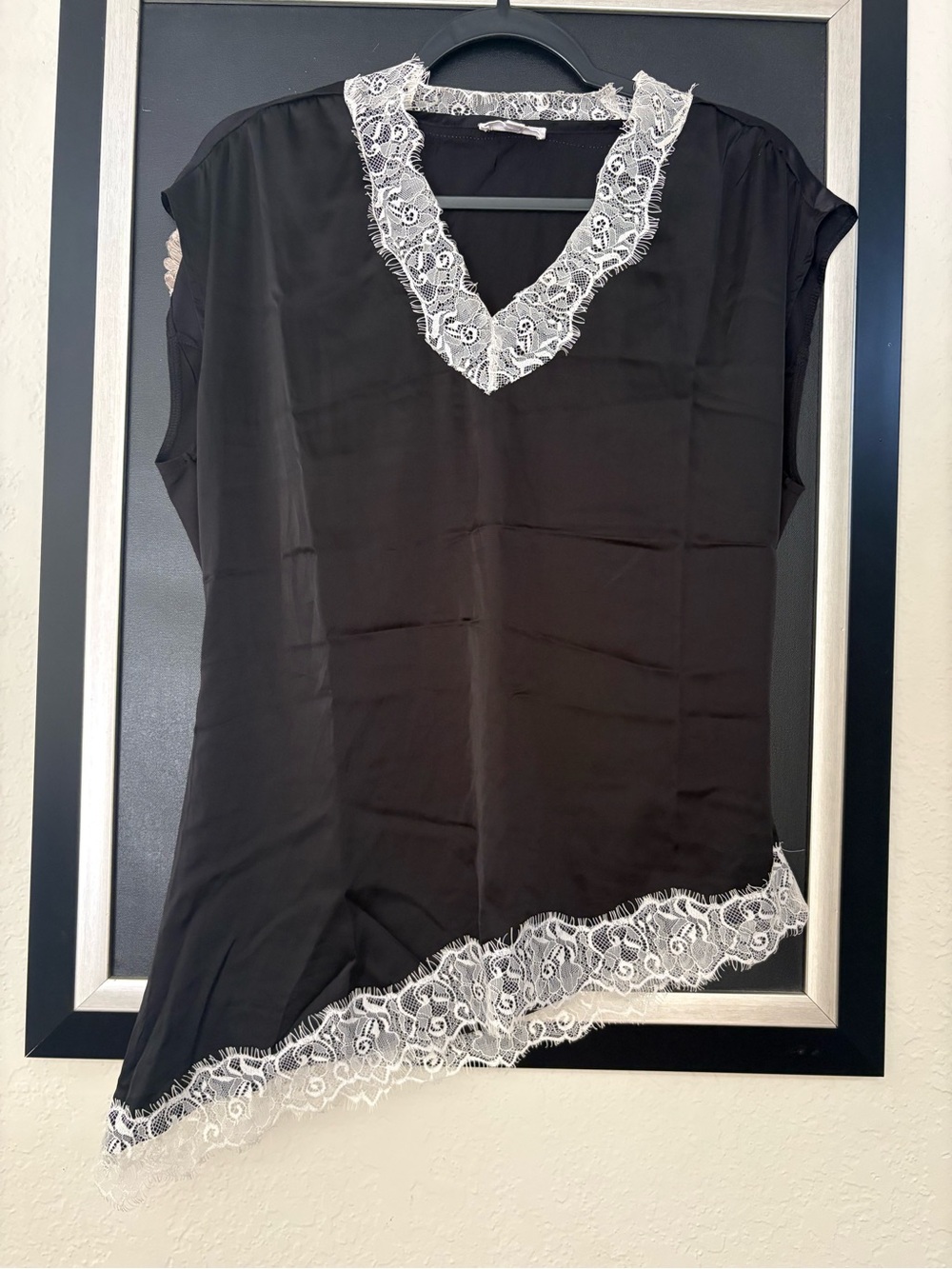 Women's Black V-Neck Tunic with White Lace Trim